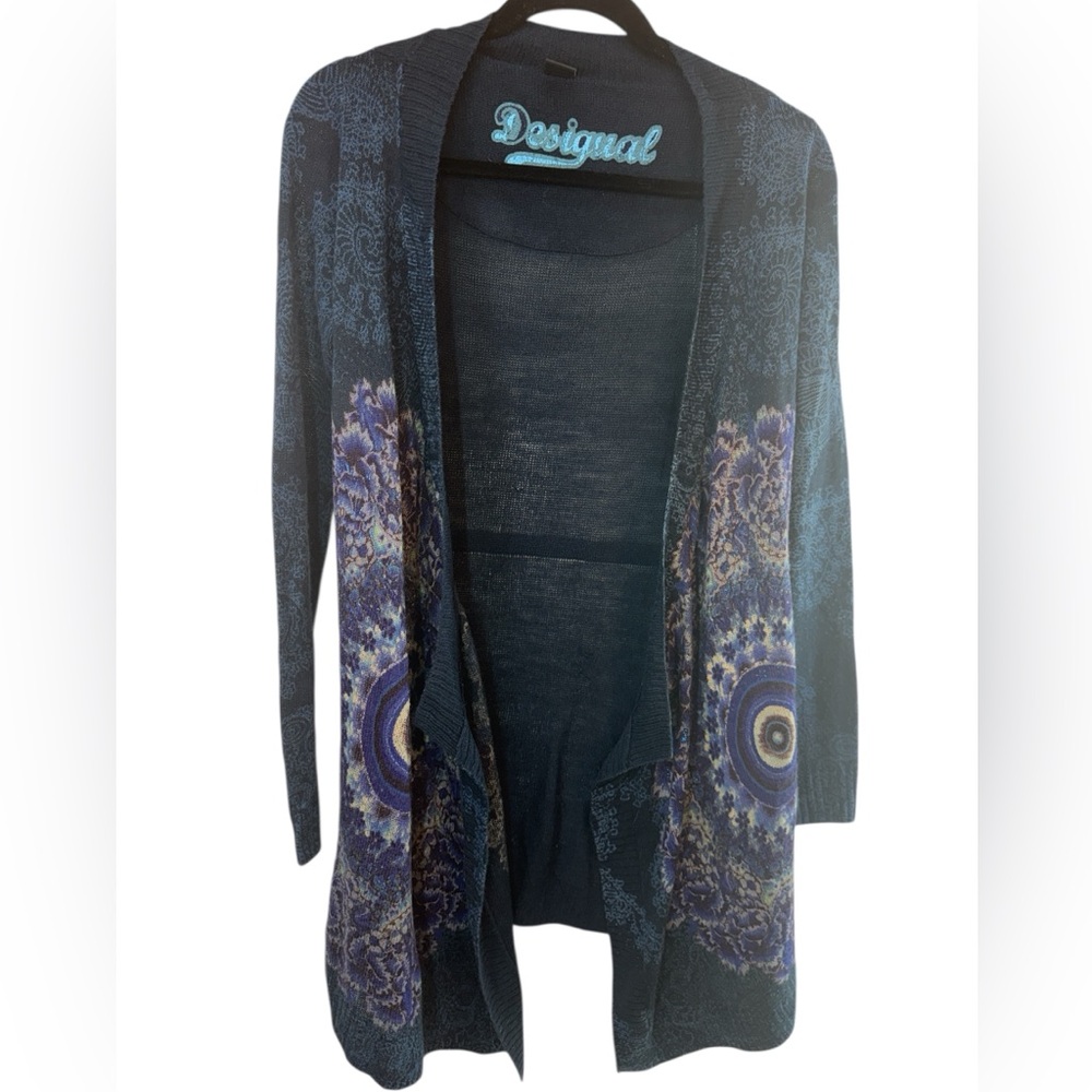 Desigual Women's Navy and Purple geometric design knit open Cardigan wool blend - Picture 2 of 10